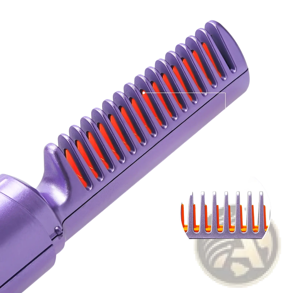 Purple metallic wireless hair straightener brush with orange ceramic heating elements for portable hair styling