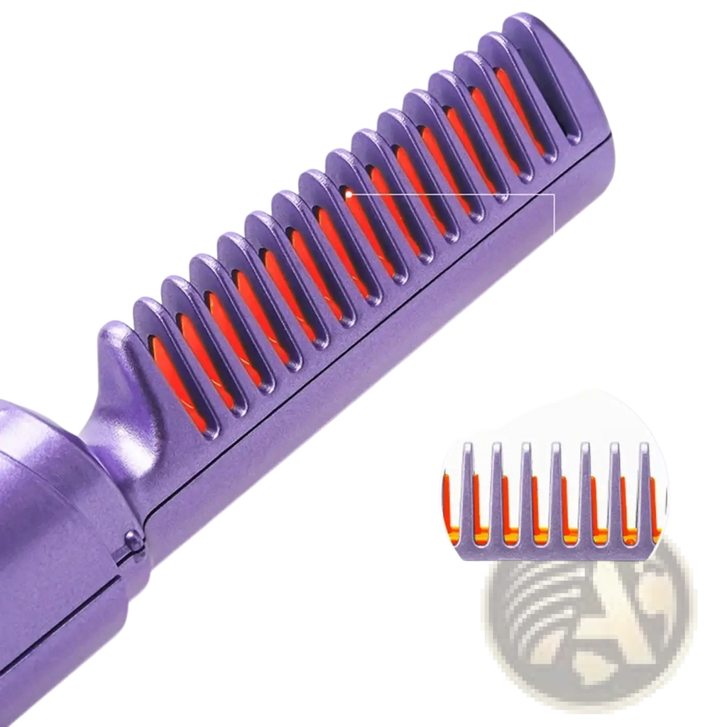 Purple wireless hair straightener brush with ceramic comb and glowing orange heating elements in sleek design