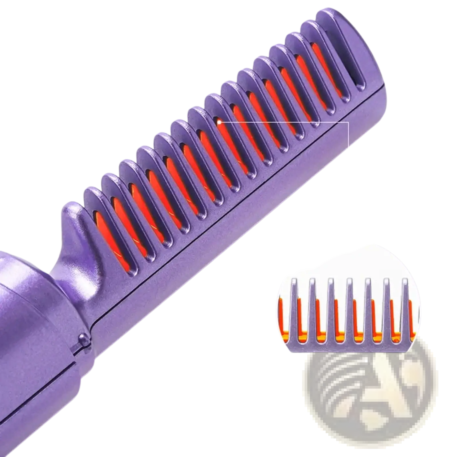 Purple wireless hair straightener brush with ceramic comb and glowing orange heating elements in sleek design