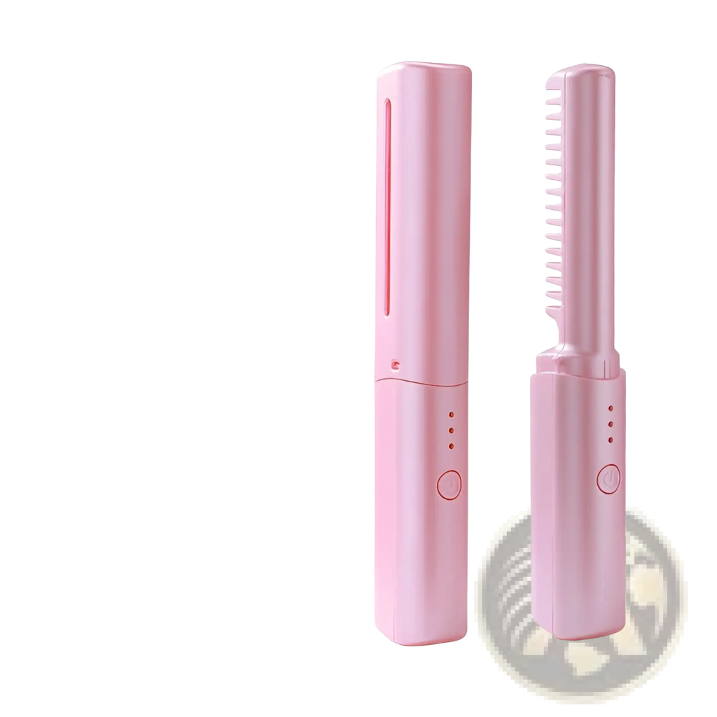 Pink wireless hair straightener brush with compact sleek design and smooth plastic finish for portable use