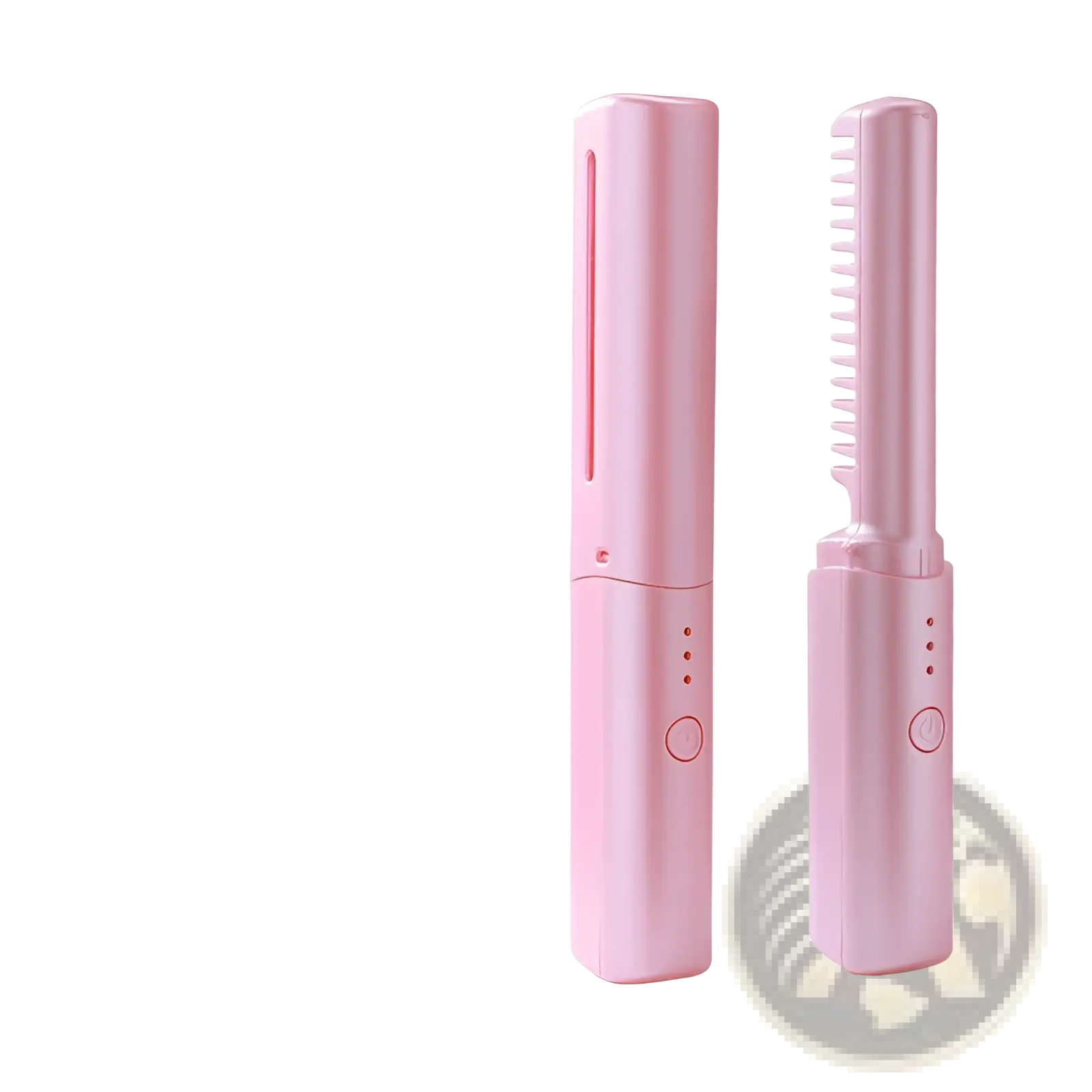 Pink wireless hair straightener brush with compact sleek design and smooth plastic finish for portable use