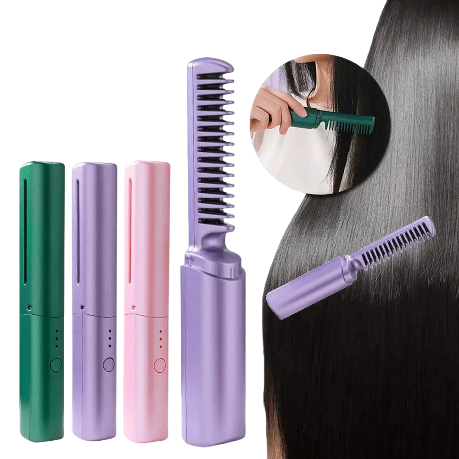 Purple wireless hair straightener brush with ceramic comb and dual heat styling functionality, shown from back side