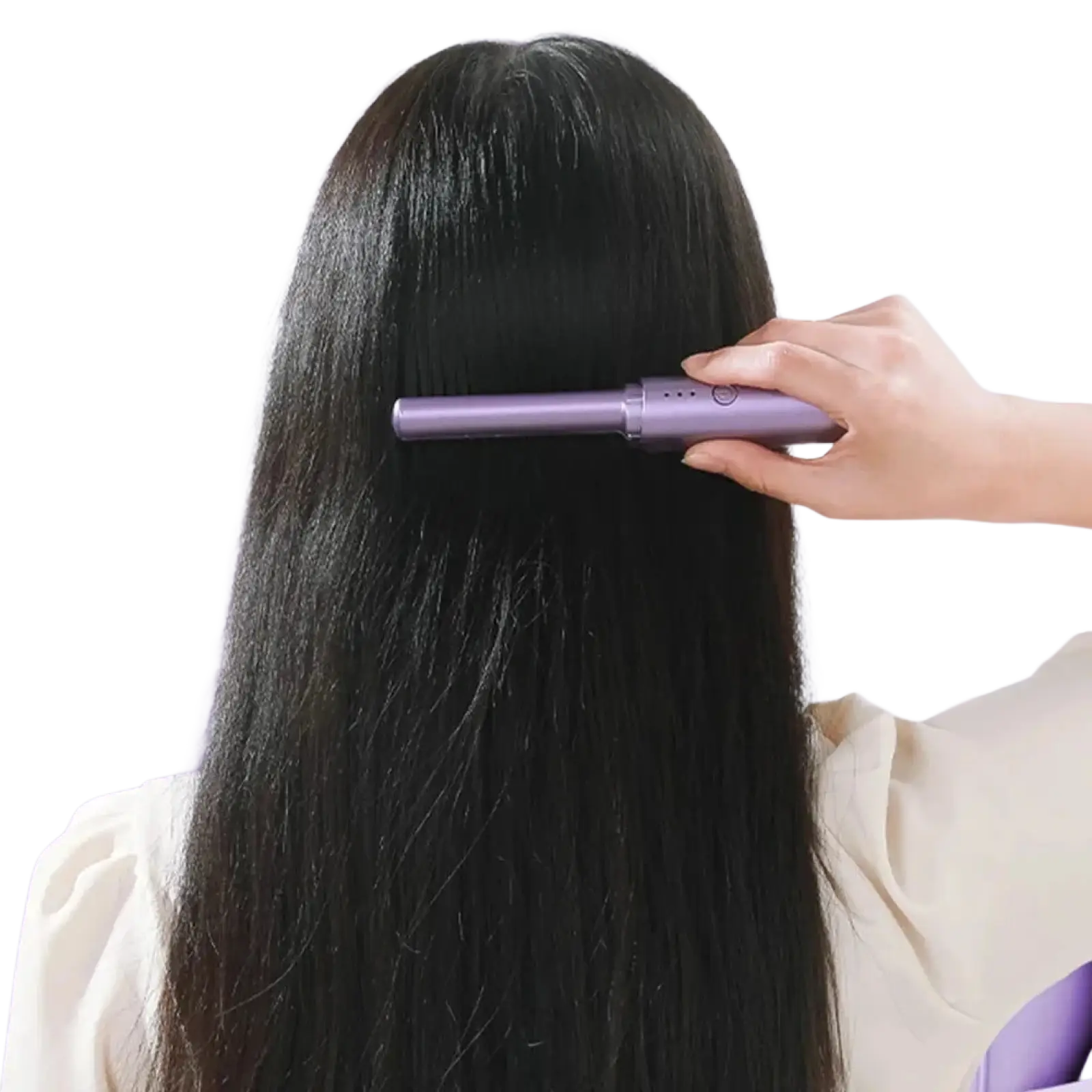 Purple wireless ceramic hair straightener brush being used on long black hair for portable styling convenience