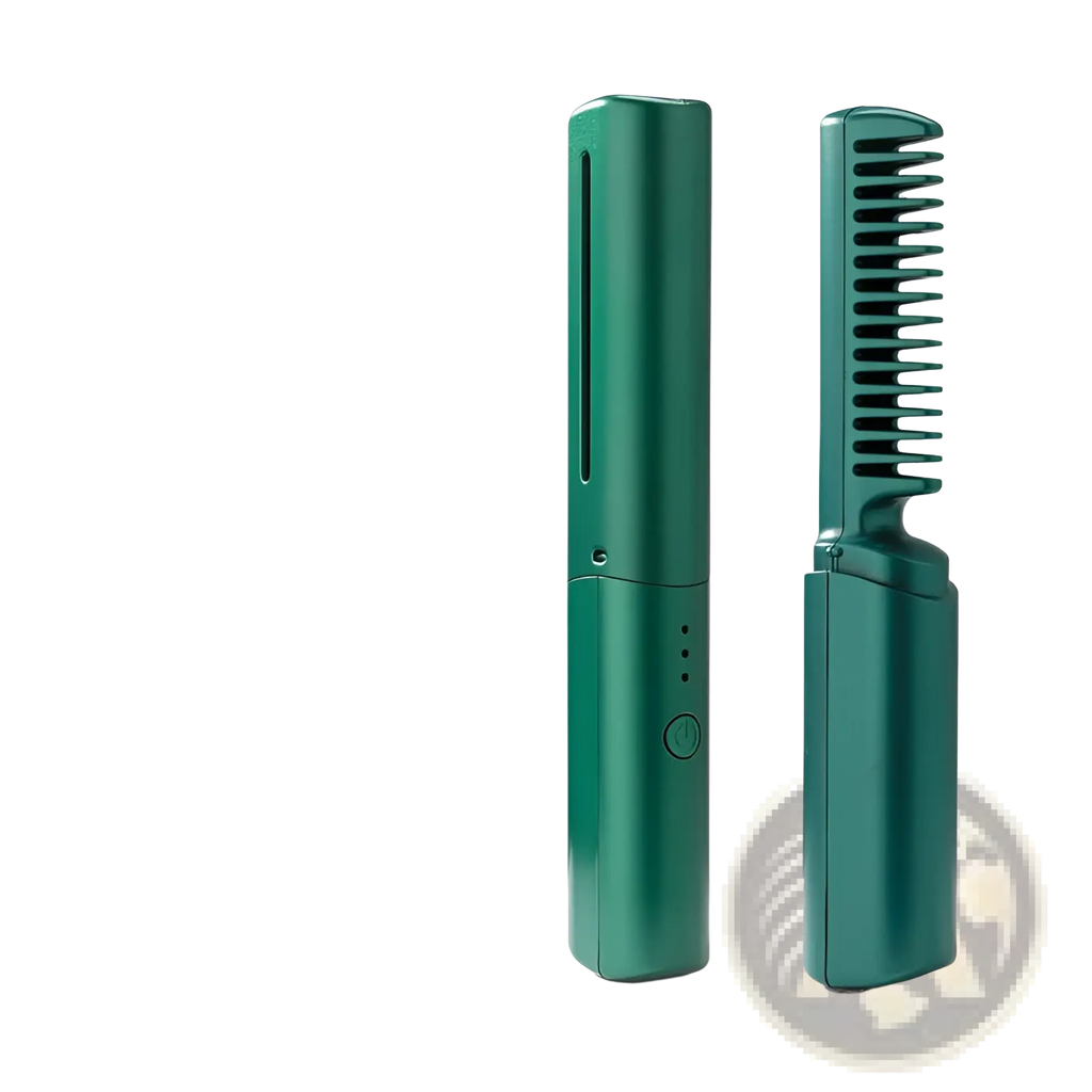 Green metallic wireless hair straightener brush with ceramic folding comb and integrated heating function shown from back side