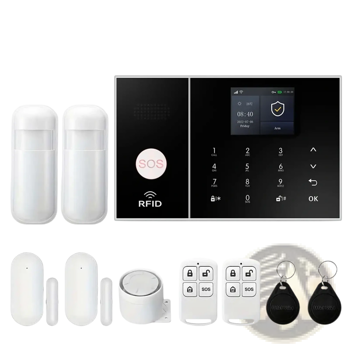 White wireless home security alarm system with wifi and alexa includes black touchscreen panel motion sensors and remotes