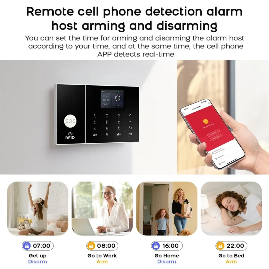 Black rectangular remote cell phone detection alarm host with digital display keypad sos button and rfid for wireless home security system with wifi and alexa