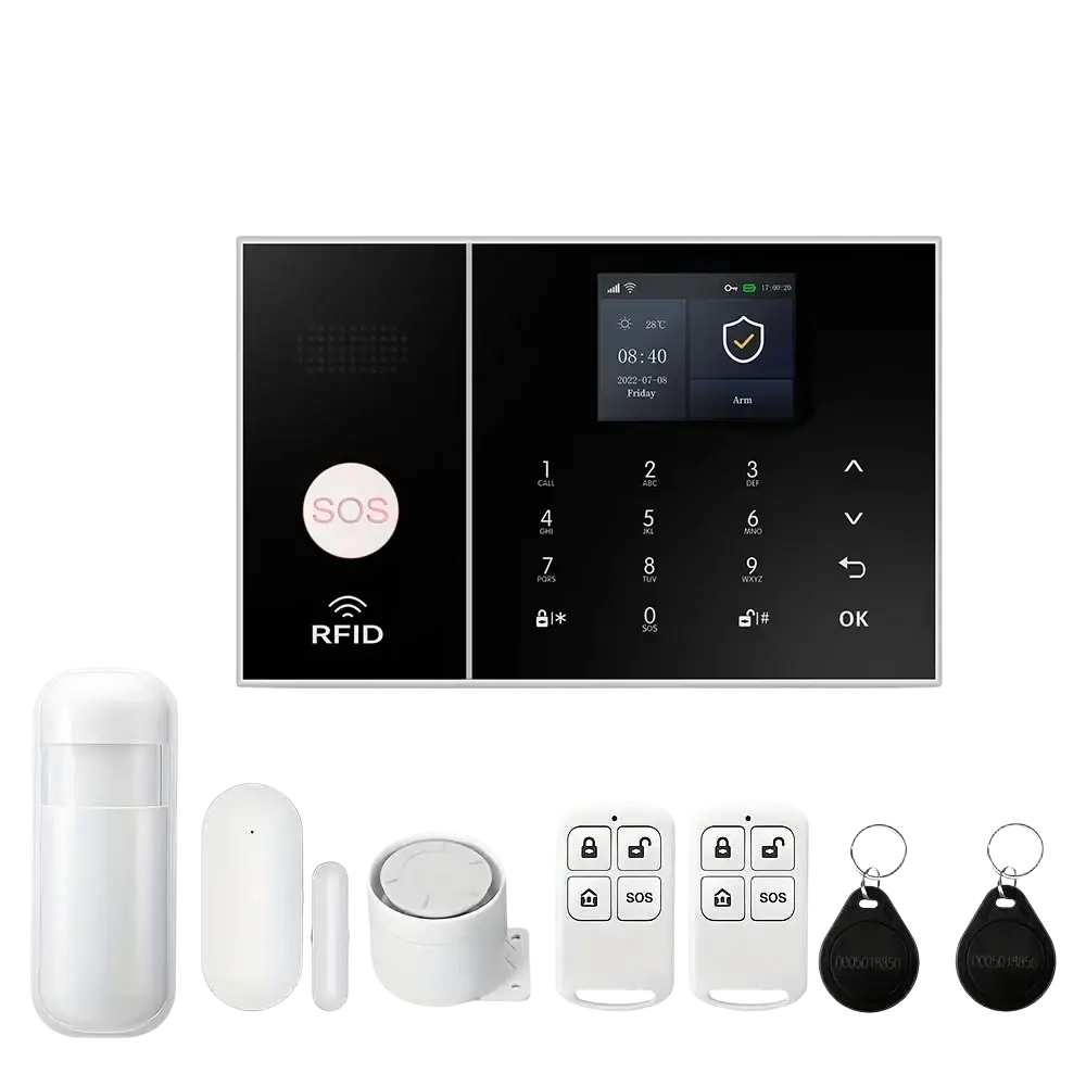 Wireless home security alarm system with wifi and Alexa featuring a black touchscreen panel with pink sos button and rfid logo