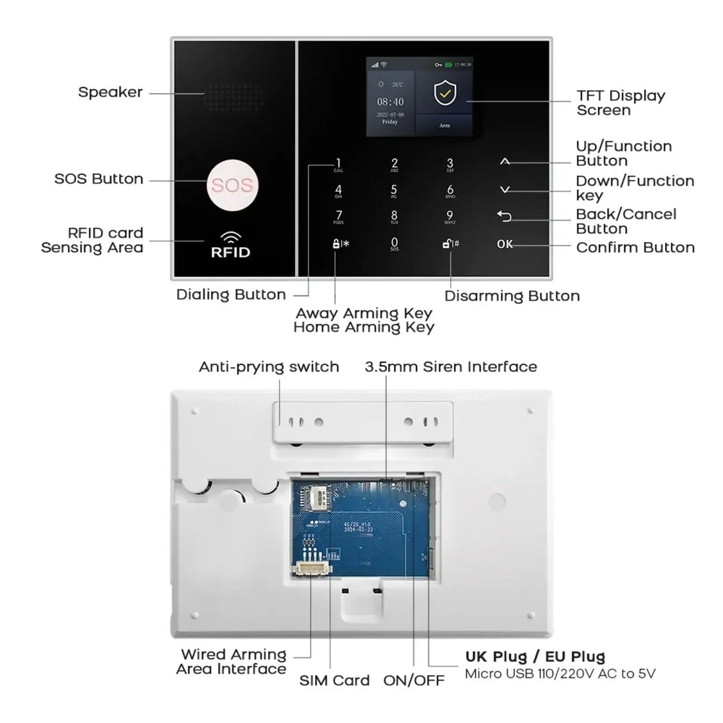 Black touchscreen wireless home security alarm system with wifi alexa featuring digital display sos button and keypad control