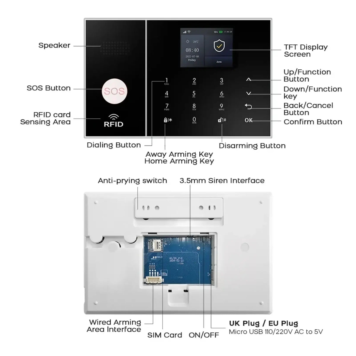 Black touchscreen wireless home security alarm system with wifi alexa featuring digital display sos button and keypad control