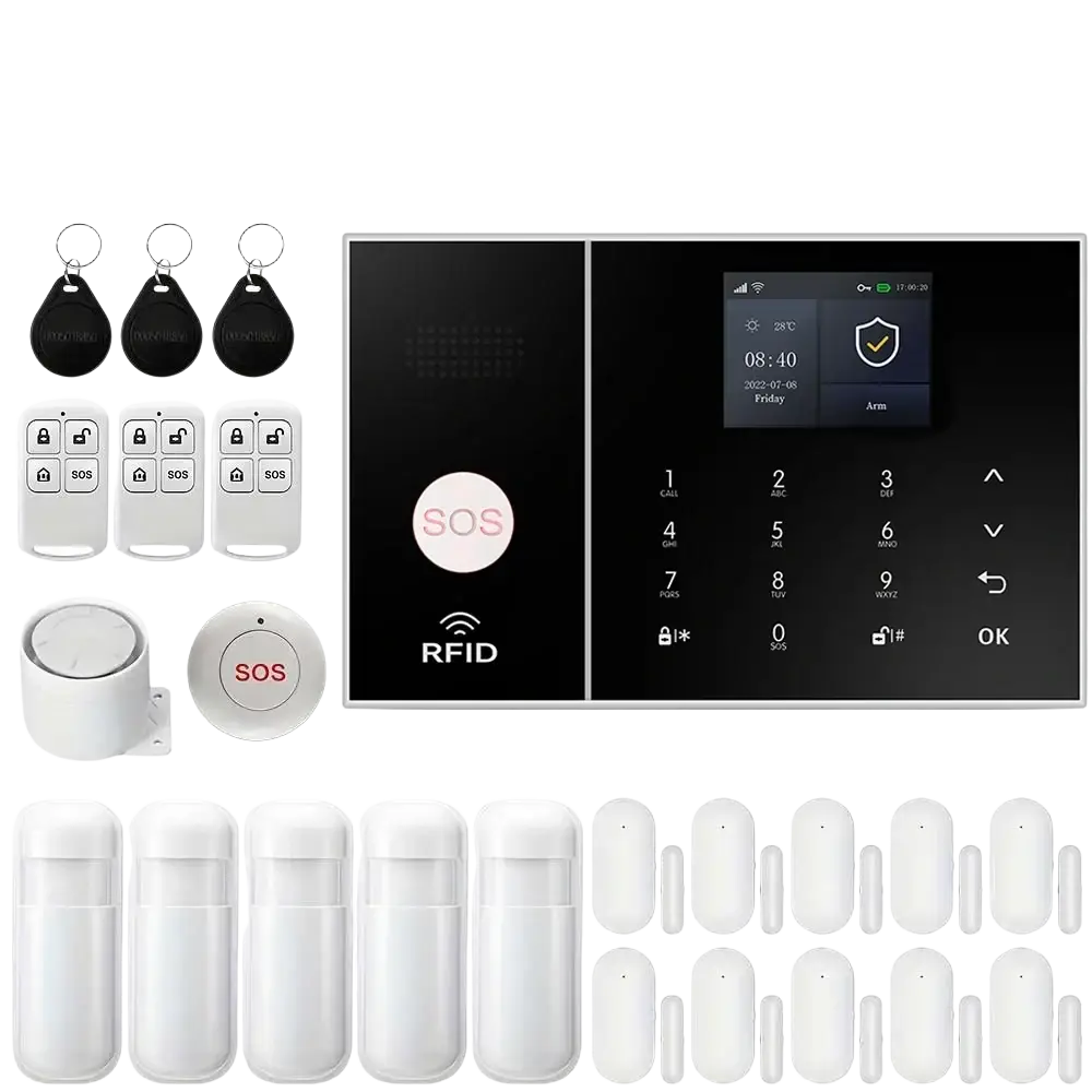 Black and white wireless home security alarm system with wifi and alexa including touchscreen panel and multiple sensors