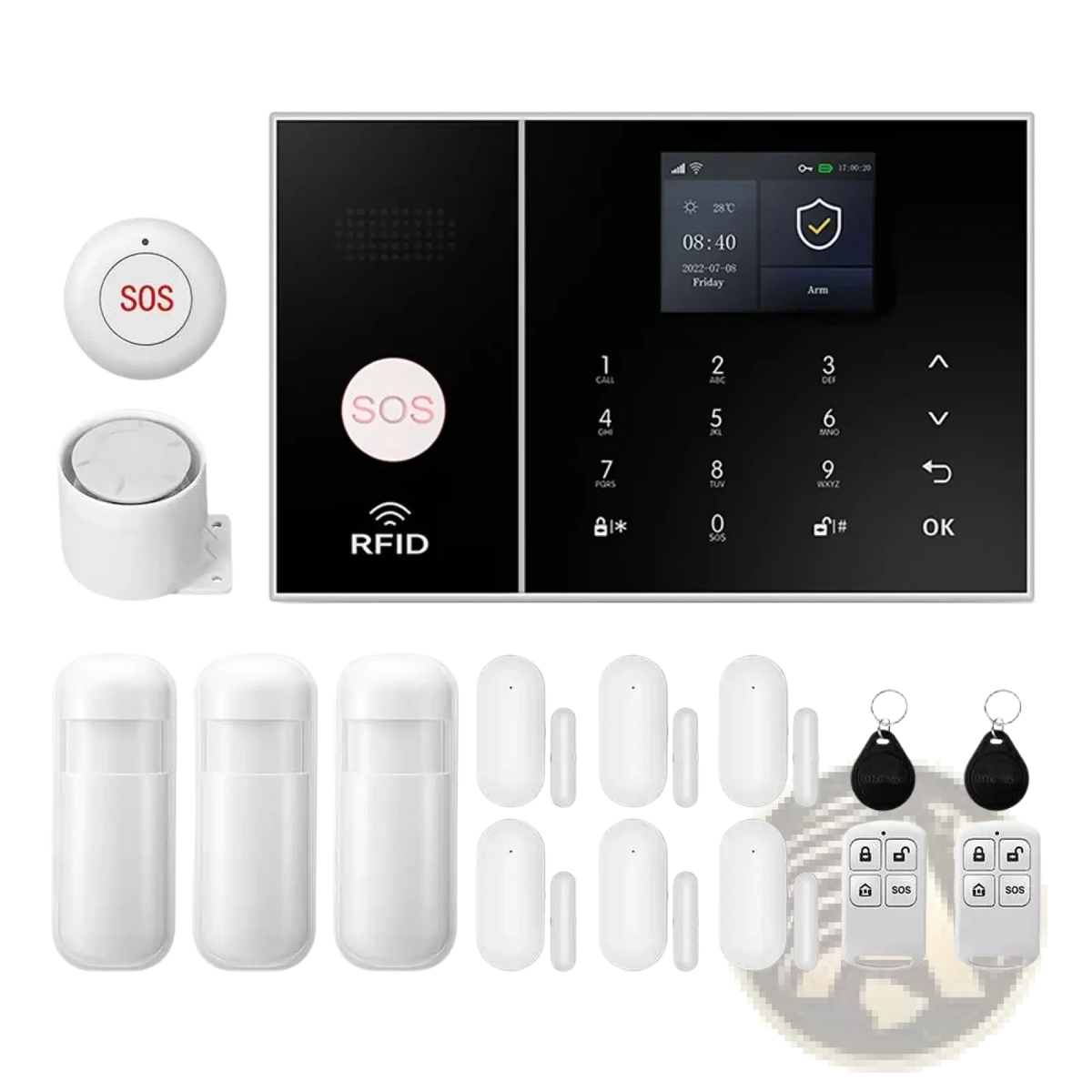 White wireless home security alarm system with touchscreen panel keypad sensors wifi and Alexa compatibility