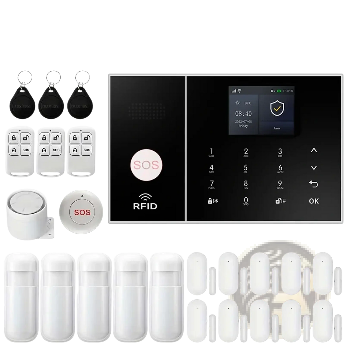 Black and white wireless home security alarm system with wifi and alexa including touchscreen panel and multiple sensors