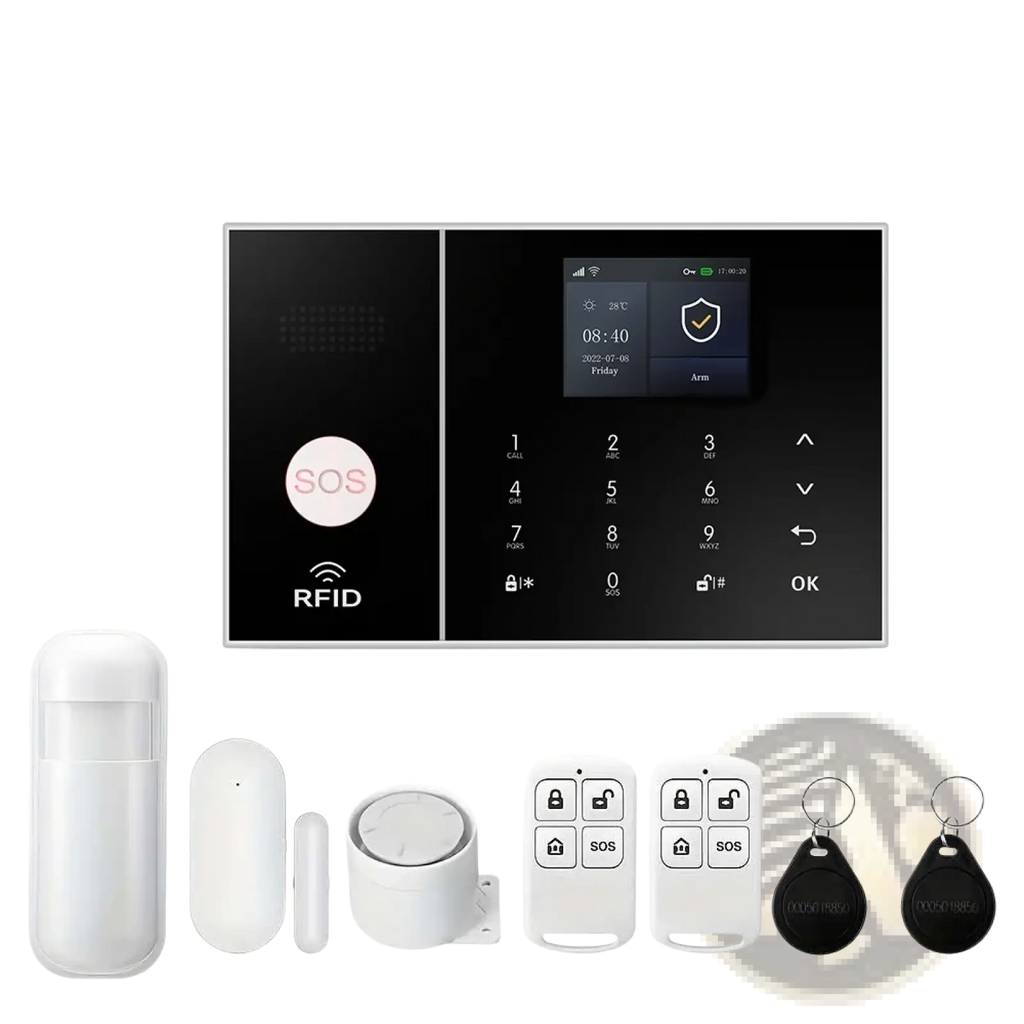 Wireless home security alarm system with wifi and Alexa featuring a black touchscreen panel with pink sos button and rfid logo