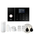 Wireless home security alarm system with wifi and Alexa featuring a black touchscreen panel with pink sos button and rfid logo