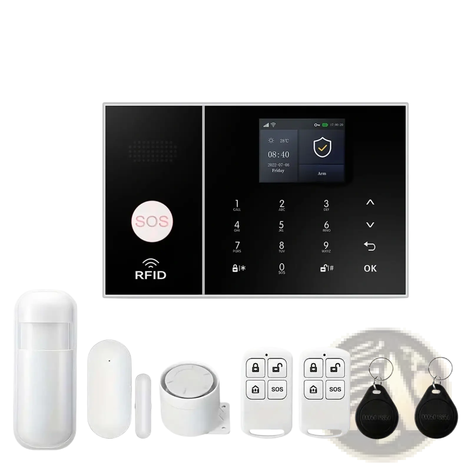 Wireless home security alarm system with wifi and Alexa featuring a black touchscreen panel with pink sos button and rfid logo