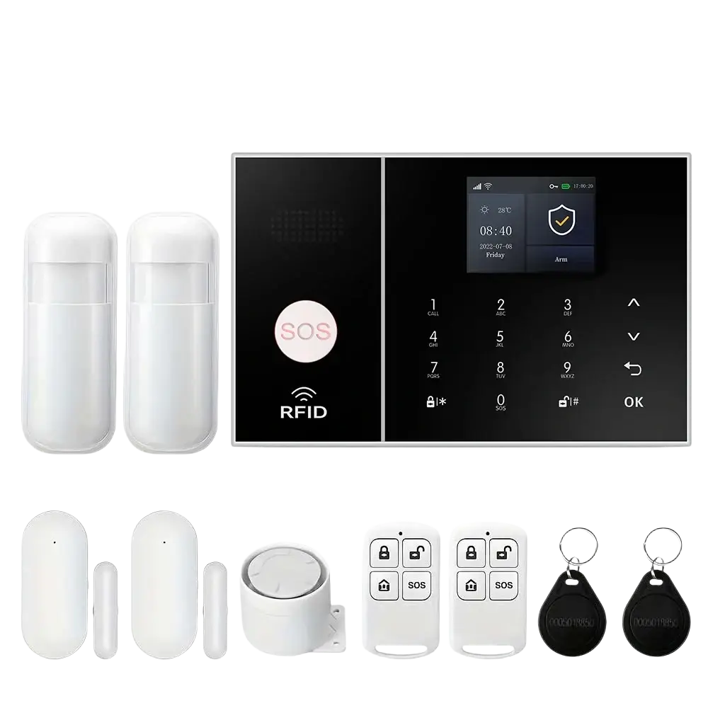 White wireless home security alarm system with wifi and alexa includes black touchscreen panel motion sensors and remotes