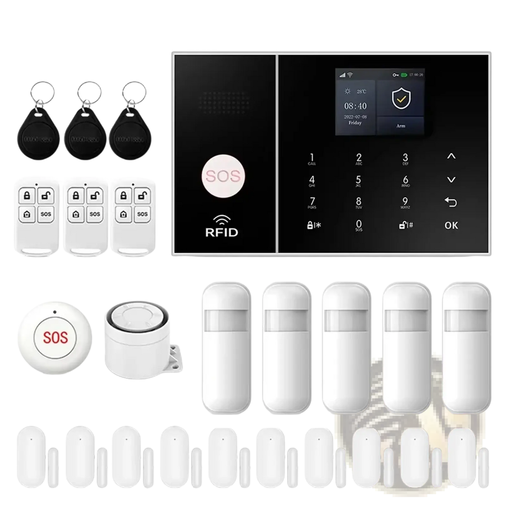 Wireless white pgst smart home security alarm system with touchscreen panel key fobs motion sensors and door contacts