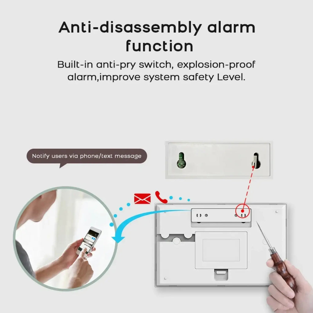 Wireless home security alarm system white rectangular panel with built-in anti-pry switch and explosion-proof alarm