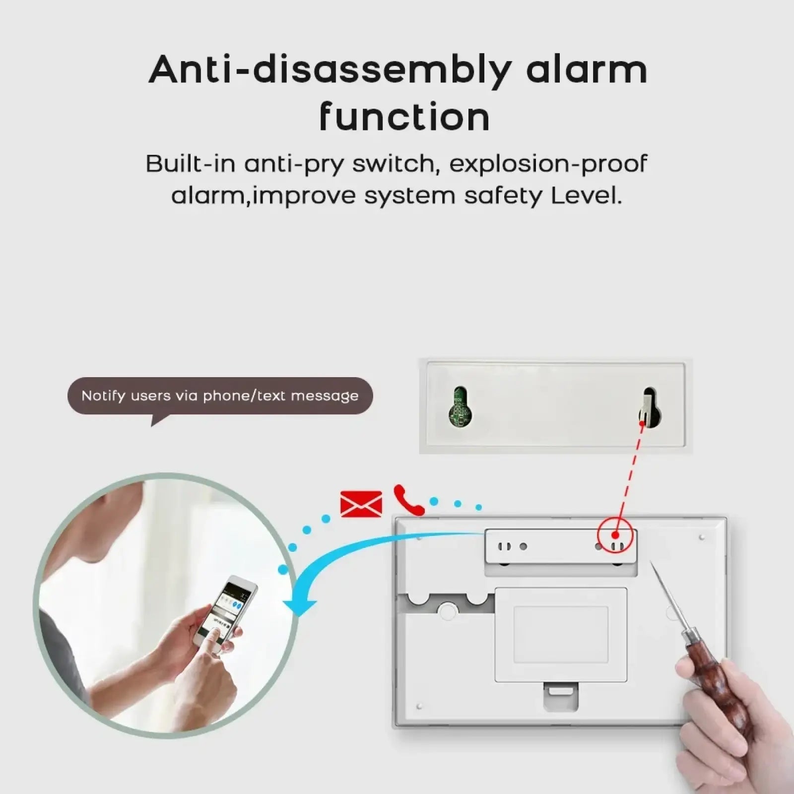 Wireless home security alarm system white rectangular panel with built-in anti-pry switch and explosion-proof alarm