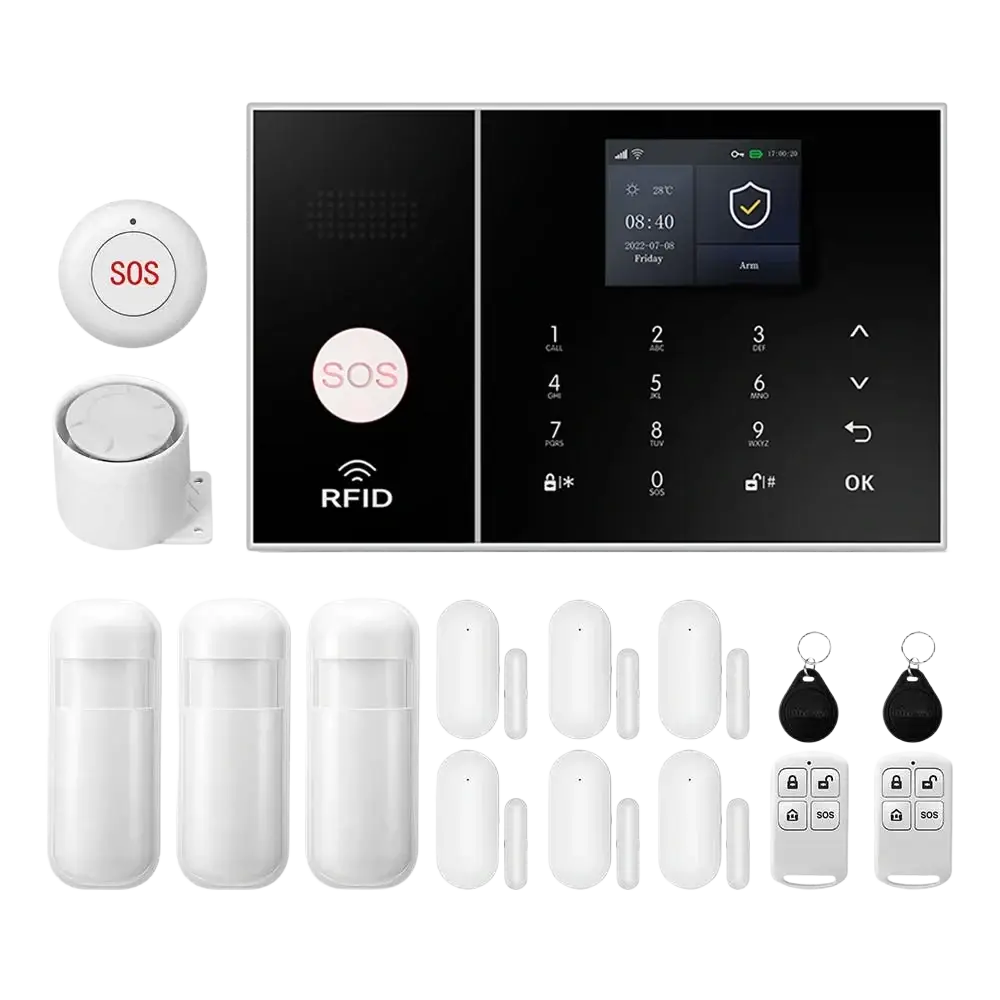 White wireless home security alarm system with touchscreen panel keypad sensors wifi and Alexa compatibility