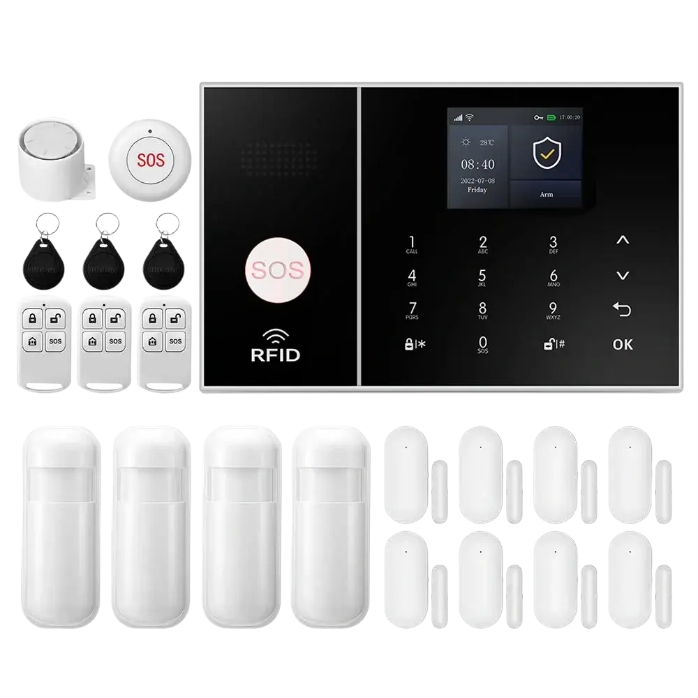 White wireless home security alarm system with wifi and alexa featuring touchscreen panel key fobs and motion sensors