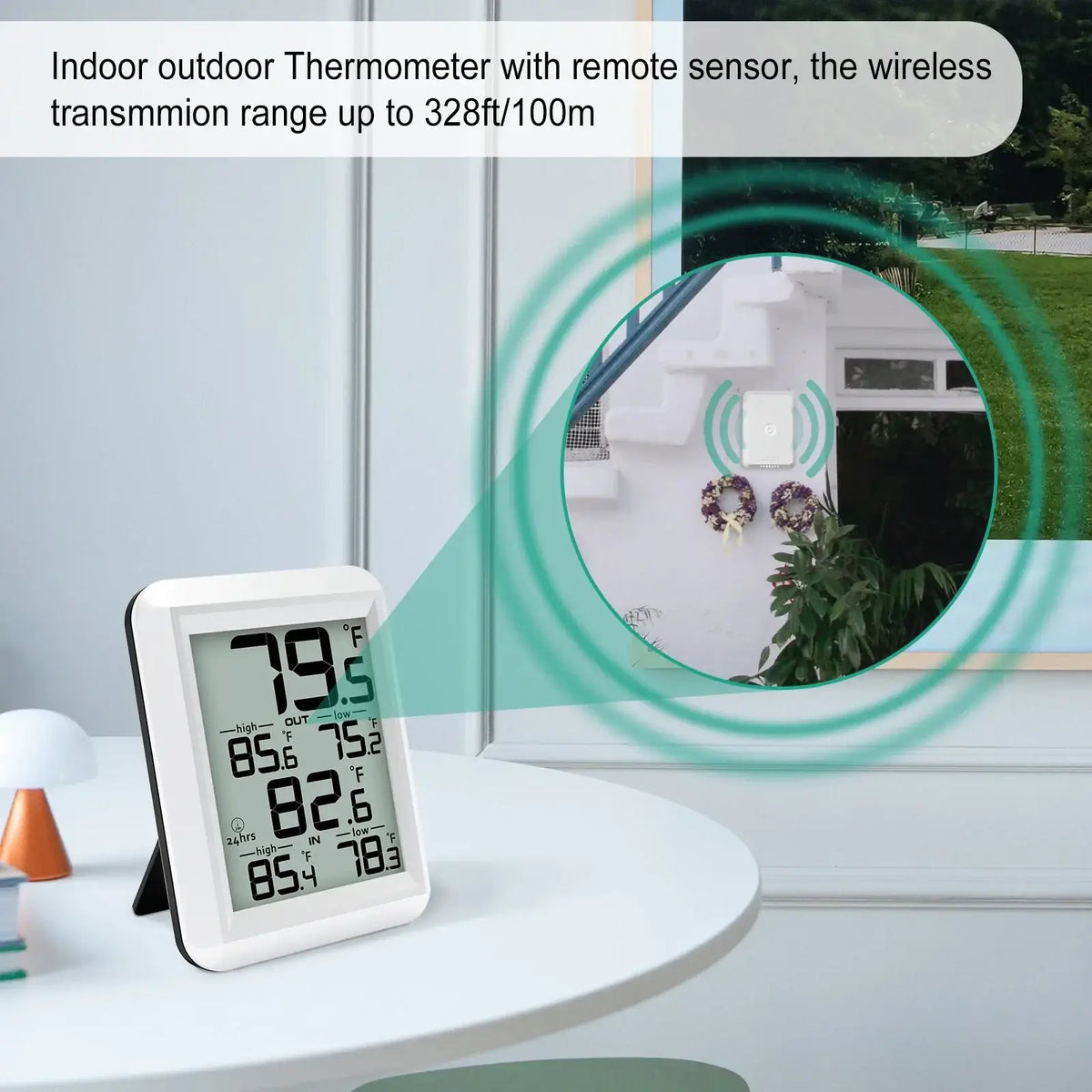 White wireless indoor outdoor digital thermometer with digital display and remote sensor capability for temperature readings