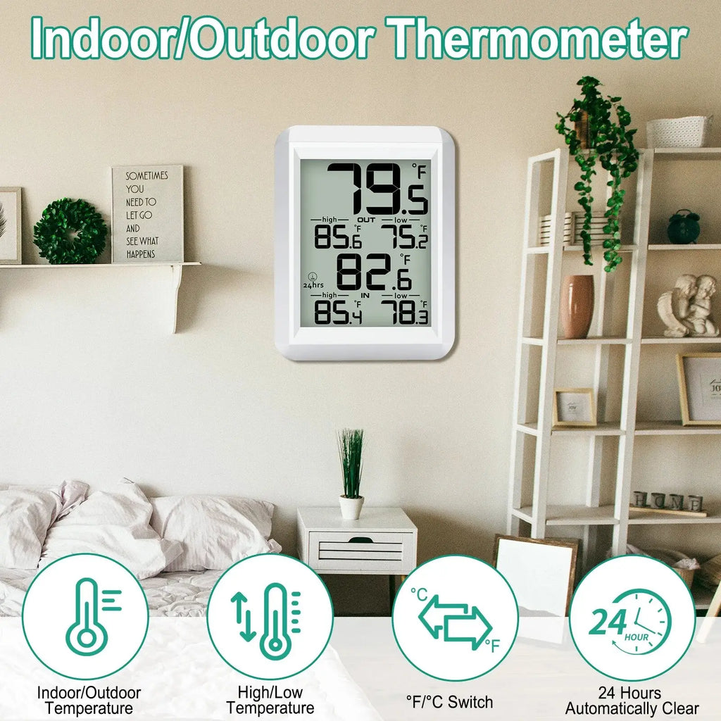 White rectangular wireless indoor outdoor digital thermometer with clear lcd screen showing temperatures in fahrenheit
