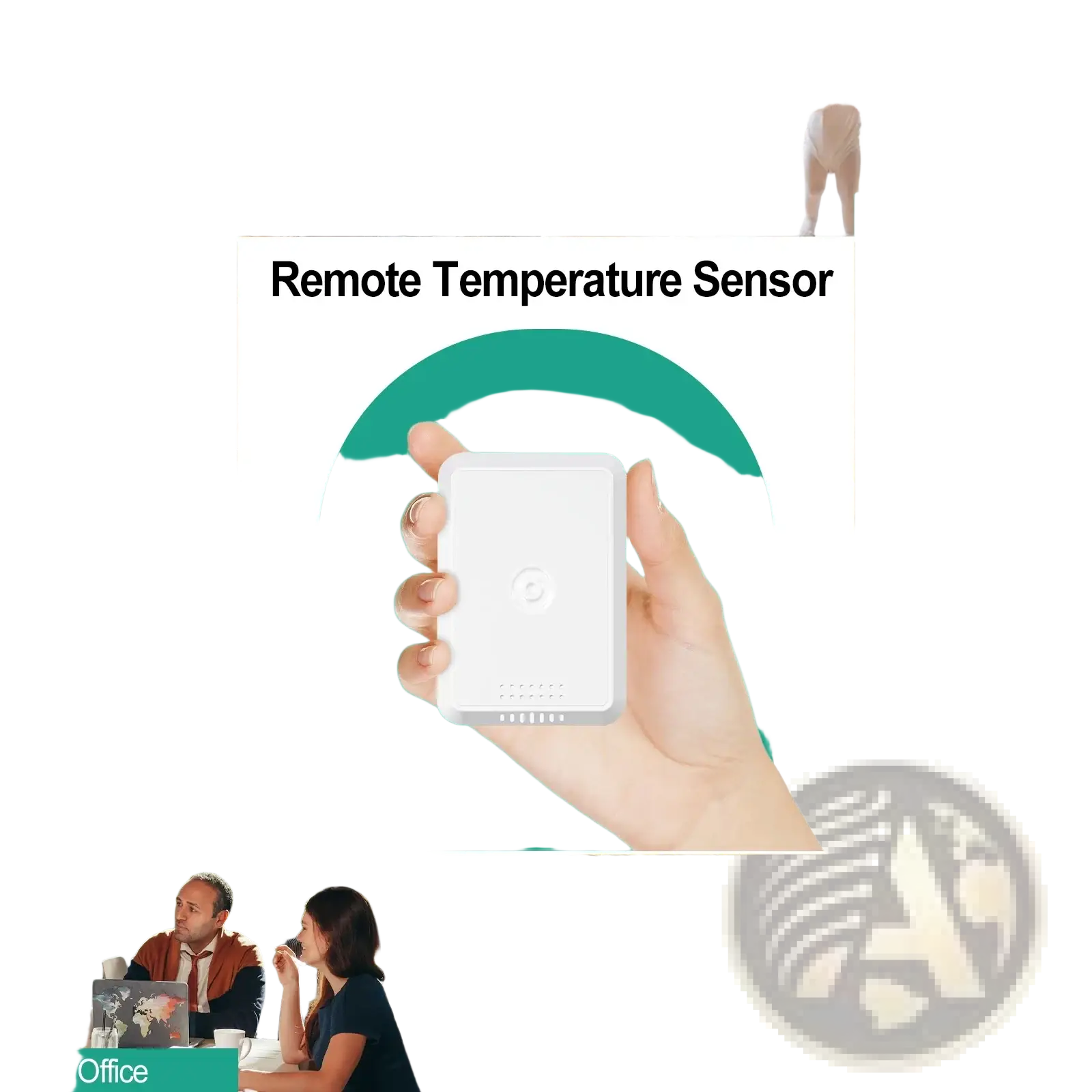 White rectangular remote temperature sensor with minimalist design held in hand for scale for wireless indoor outdoor thermometer