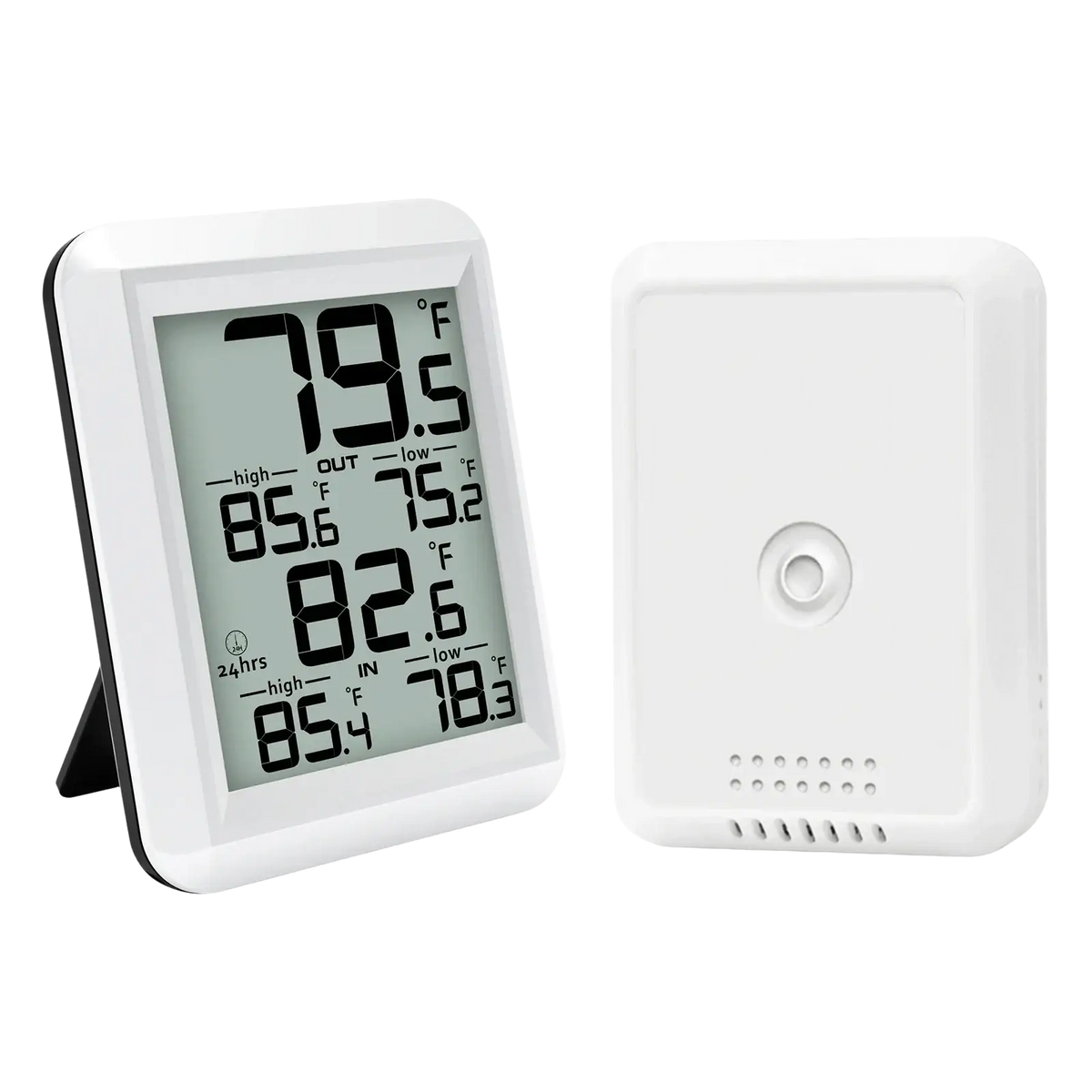 White wireless indoor outdoor digital thermometer with rectangular display showing temperature and humidity readings on stand