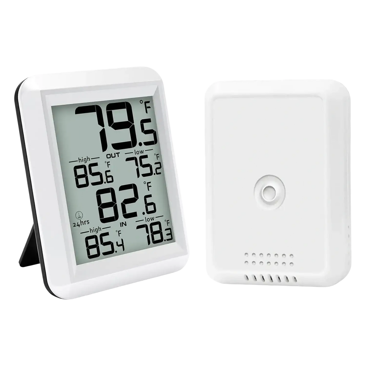 White wireless indoor outdoor digital thermometer with rectangular display showing temperature and 24-hour high low data