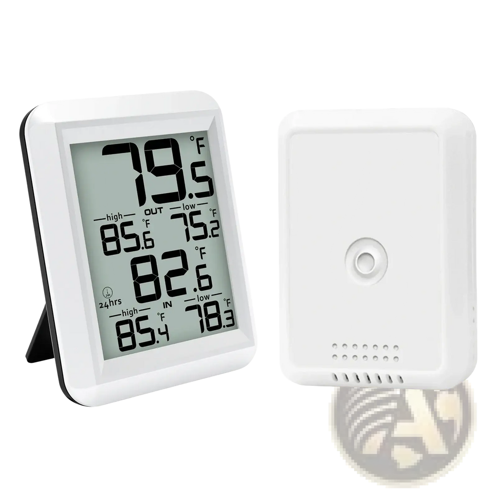 White wireless indoor outdoor digital thermometer with rectangular display showing temperature and humidity readings on stand