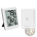 White wireless indoor outdoor digital thermometer with rectangular display showing temperature and humidity readings on stand