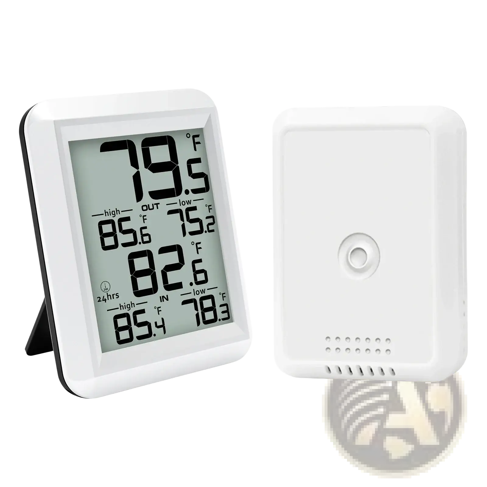 White wireless indoor outdoor digital thermometer with rectangular display showing temperature and humidity readings on stand