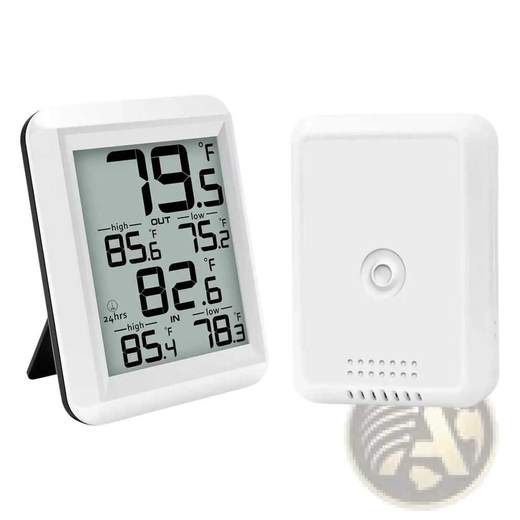 White wireless indoor outdoor digital thermometer with rectangular display showing temperature and 24-hour high low data