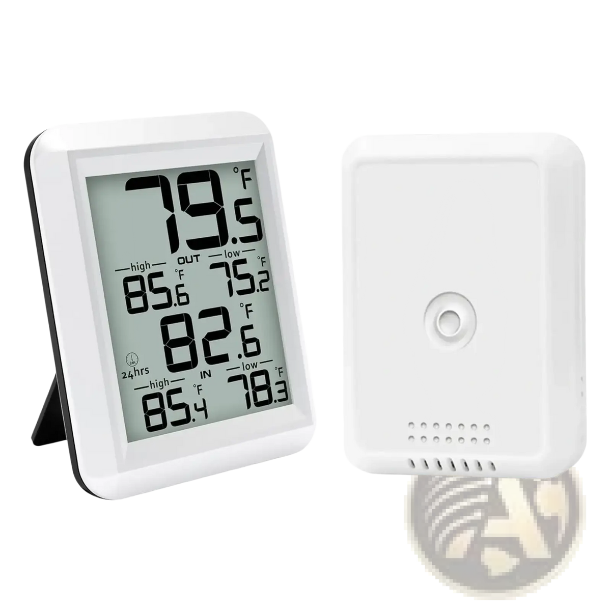White wireless indoor outdoor digital thermometer with rectangular display showing temperature and 24-hour high low data