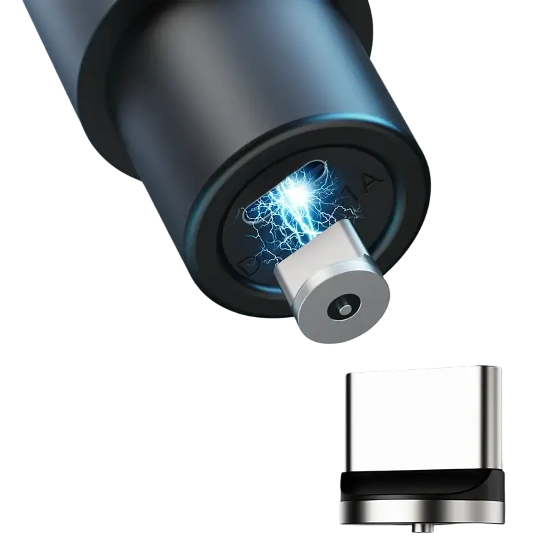 Black cylindrical magnetic car charger with silver usb-c connector and blue lightning effect for wireless karaoke microphone charging stand dual dock
