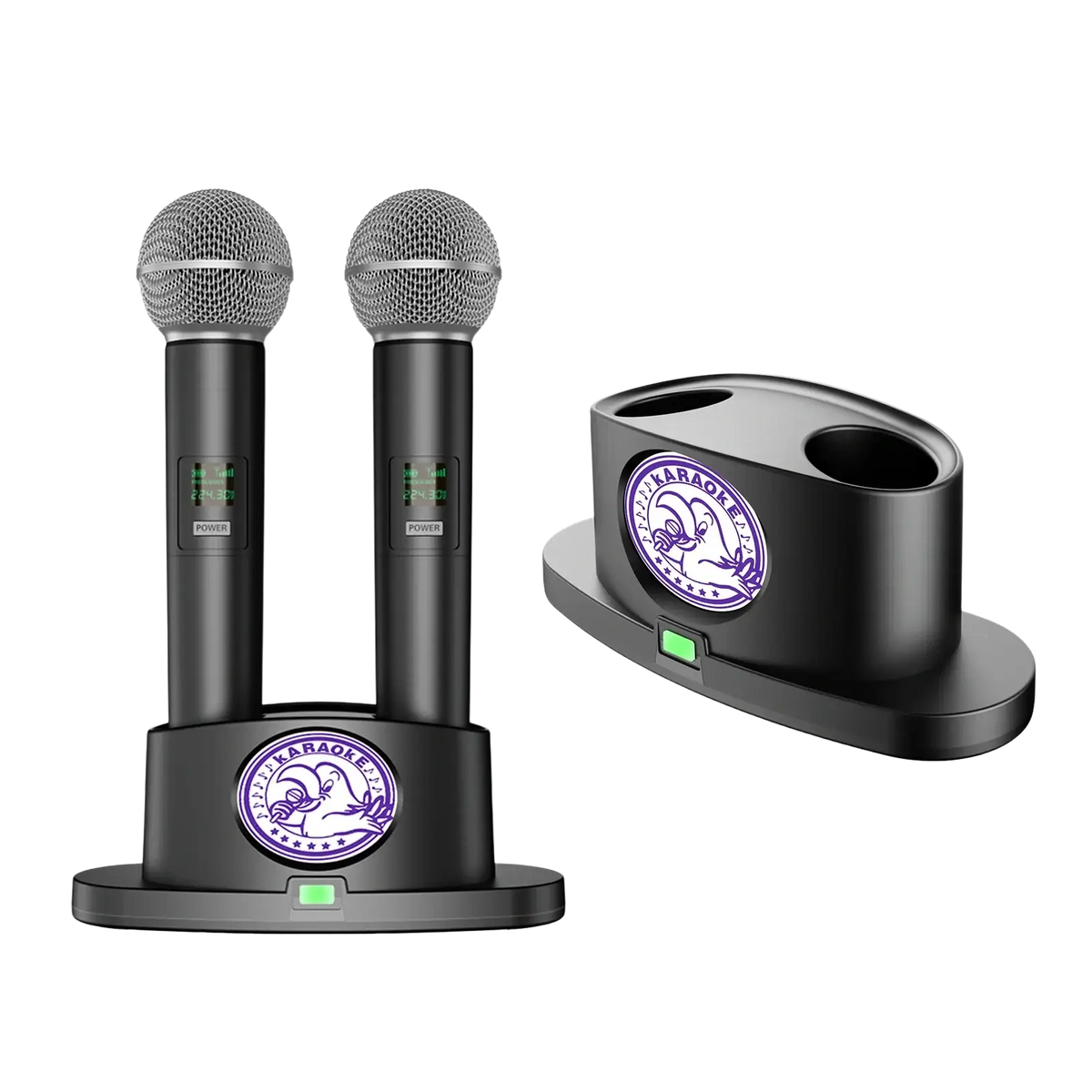 Wireless karaoke microphone charging stand dual dock in black with two silver mesh microphones and purple logo decals
