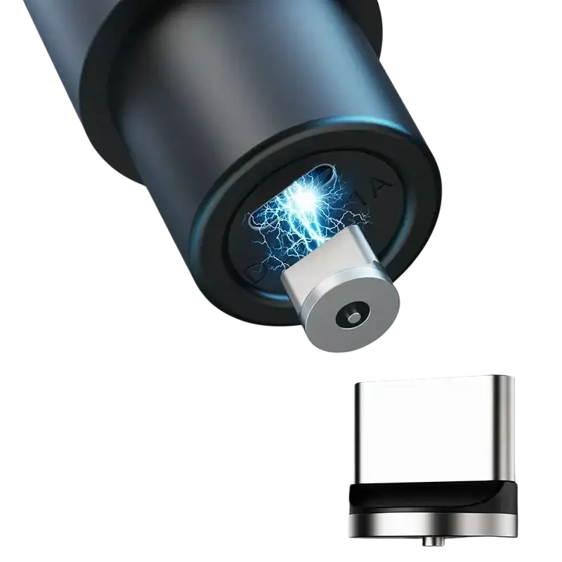 Black magnetic wireless karaoke car charger with silver usb-c connector and glowing blue lightning effect on dual charging stand