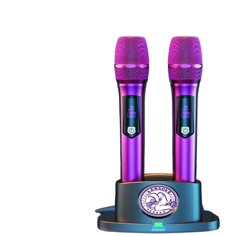 Two vibrant purple wireless karaoke microphones with mesh grilles resting in a dual charging stand