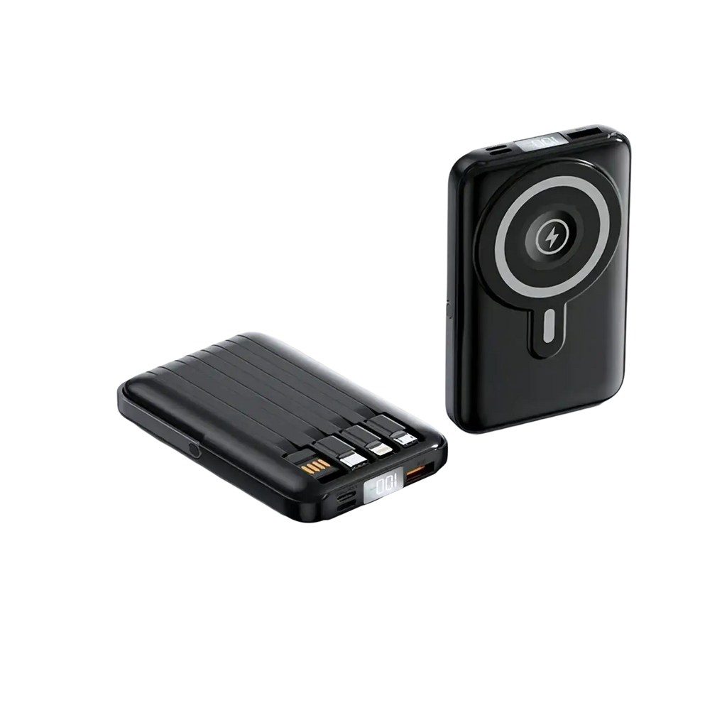 Black wireless magnetic power banks 10000mah featuring circular wireless pad and multiple usb ports for fast charging