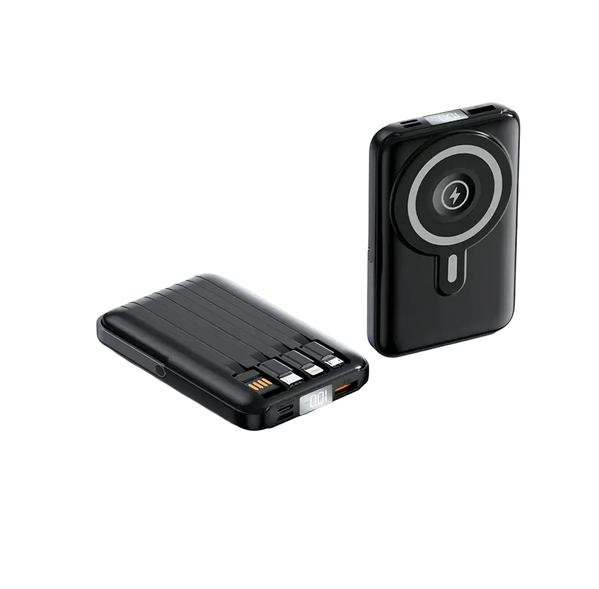 Black wireless magnetic power banks 10000mah featuring circular wireless pad and multiple usb ports for fast charging