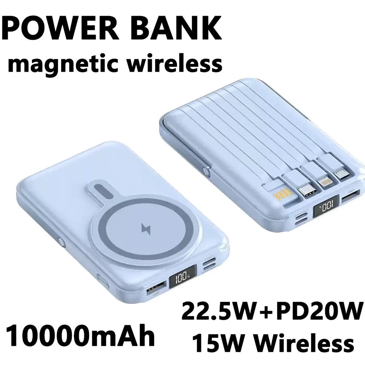 Light blue wireless magnetic power bank 10000mAh with wireless charging pad and multiple USB ports