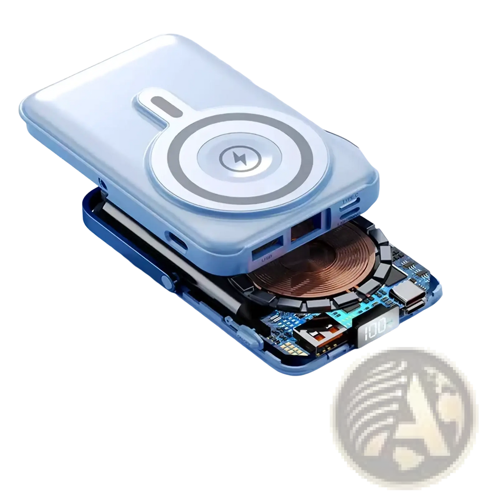 Light blue wireless magnetic power bank 10000mah fast charge showing internal circuitry and copper coil