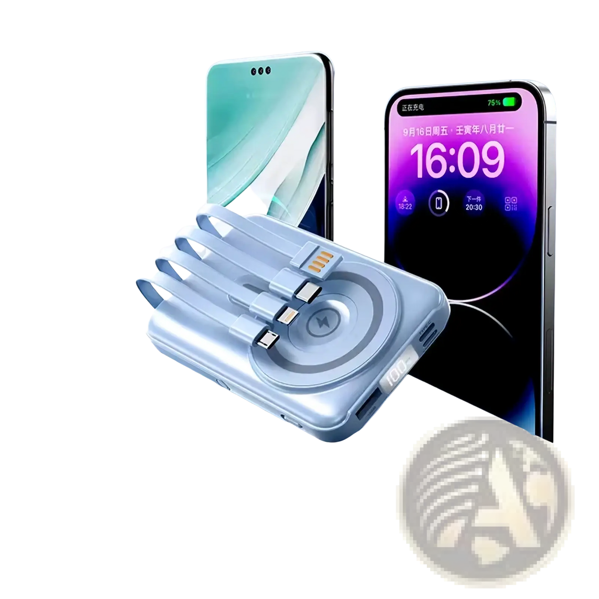 Light blue wireless magnetic power bank 10000mah fast charge with multiple usb-c cables neatly arranged on top