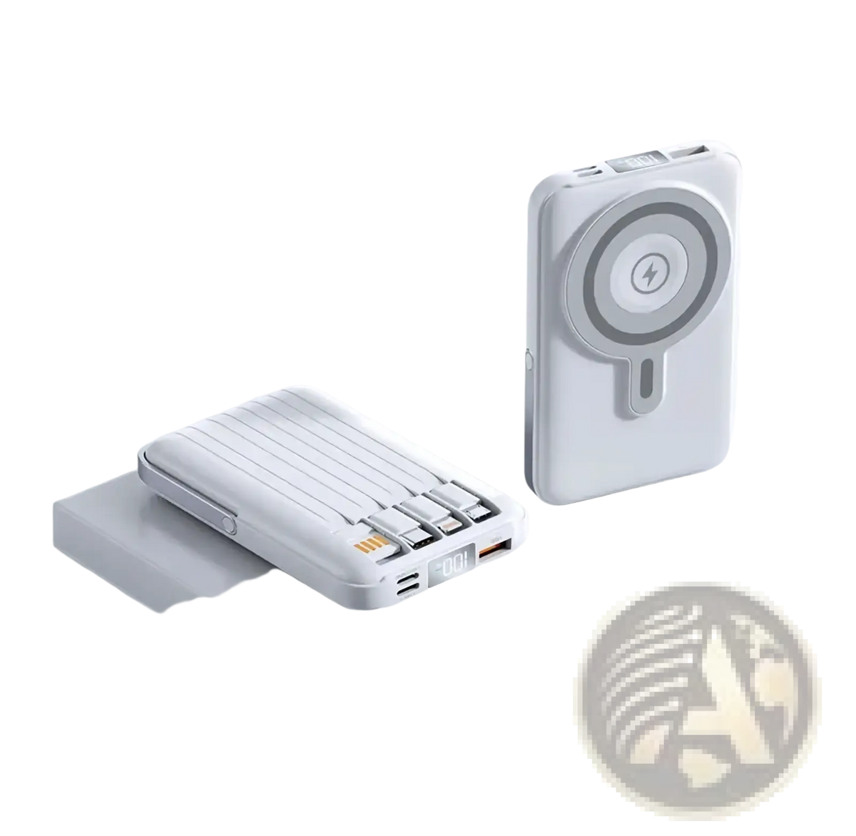 Two white wireless magnetic power banks 10000mah fast charge with ribbed design and circular wireless pad