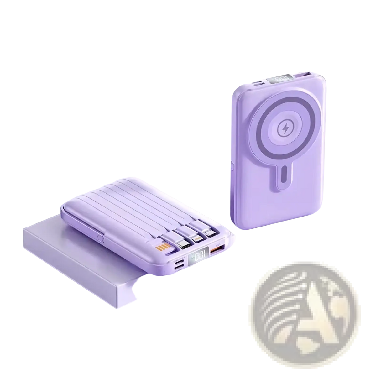 Two lavender wireless magnetic power bank 10000mah fast charge with ribbed usb ports and circular wireless charging pad