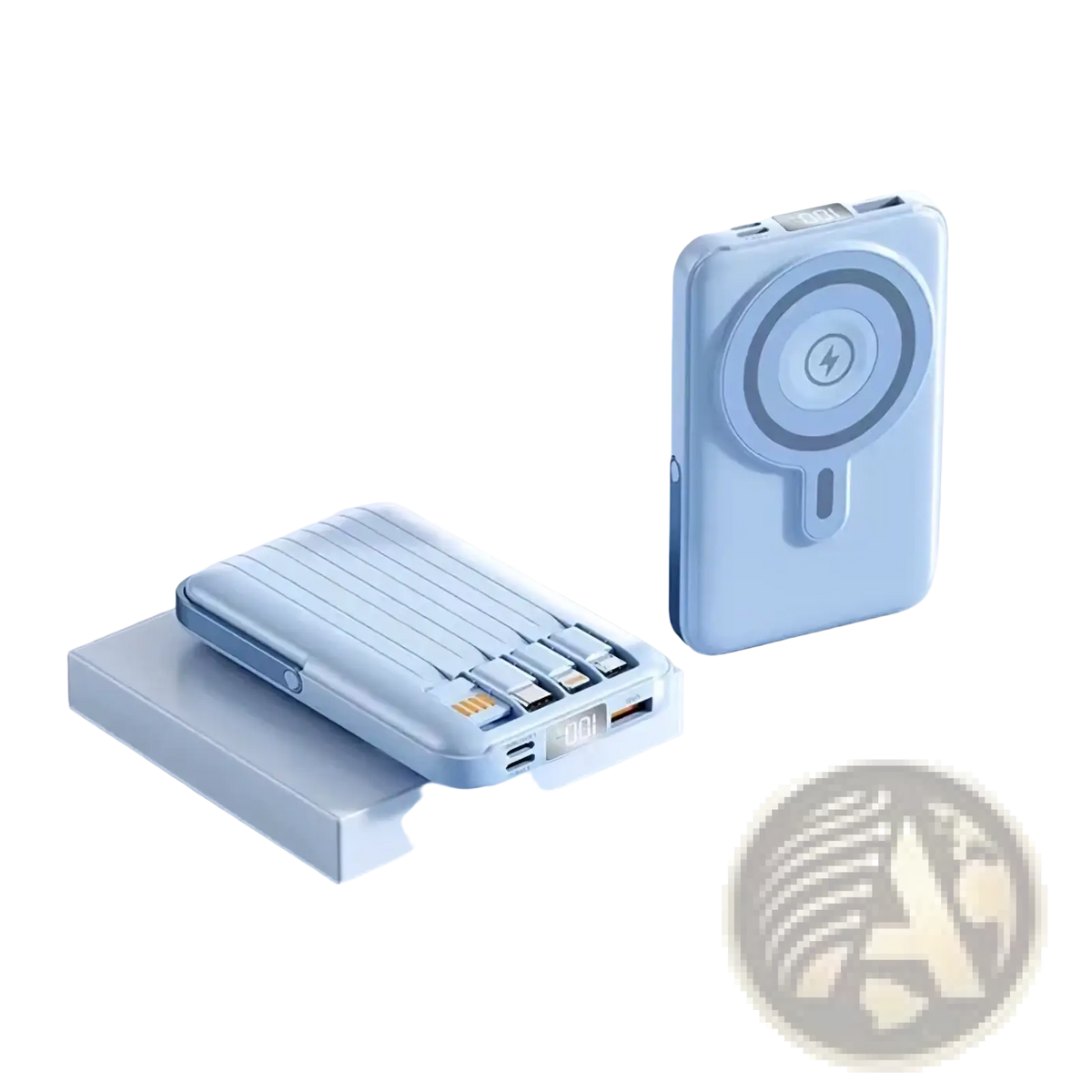 Two light blue wireless magnetic power banks 10000mah fast charge with ribbed design and circular wireless charging pad