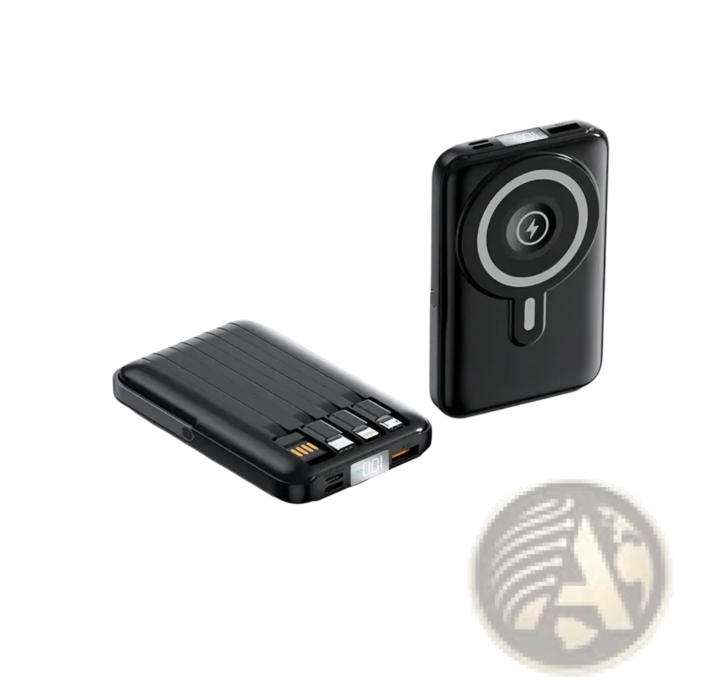 Black wireless magnetic power banks 10000mah featuring circular wireless pad and multiple usb ports for fast charging