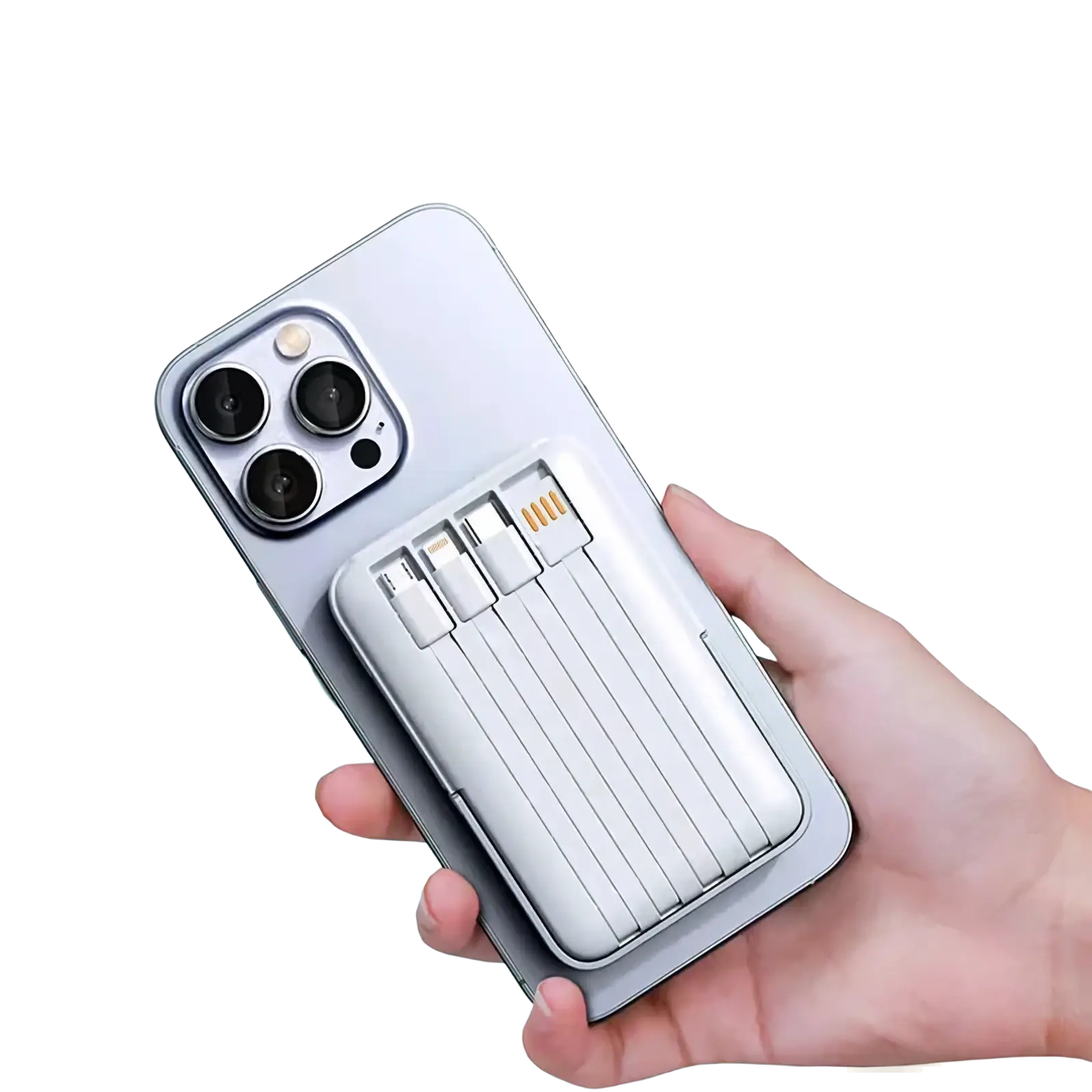 Silver iphone with white vertically ribbed wireless magnetic power bank 10000mah fast charge attached to back side