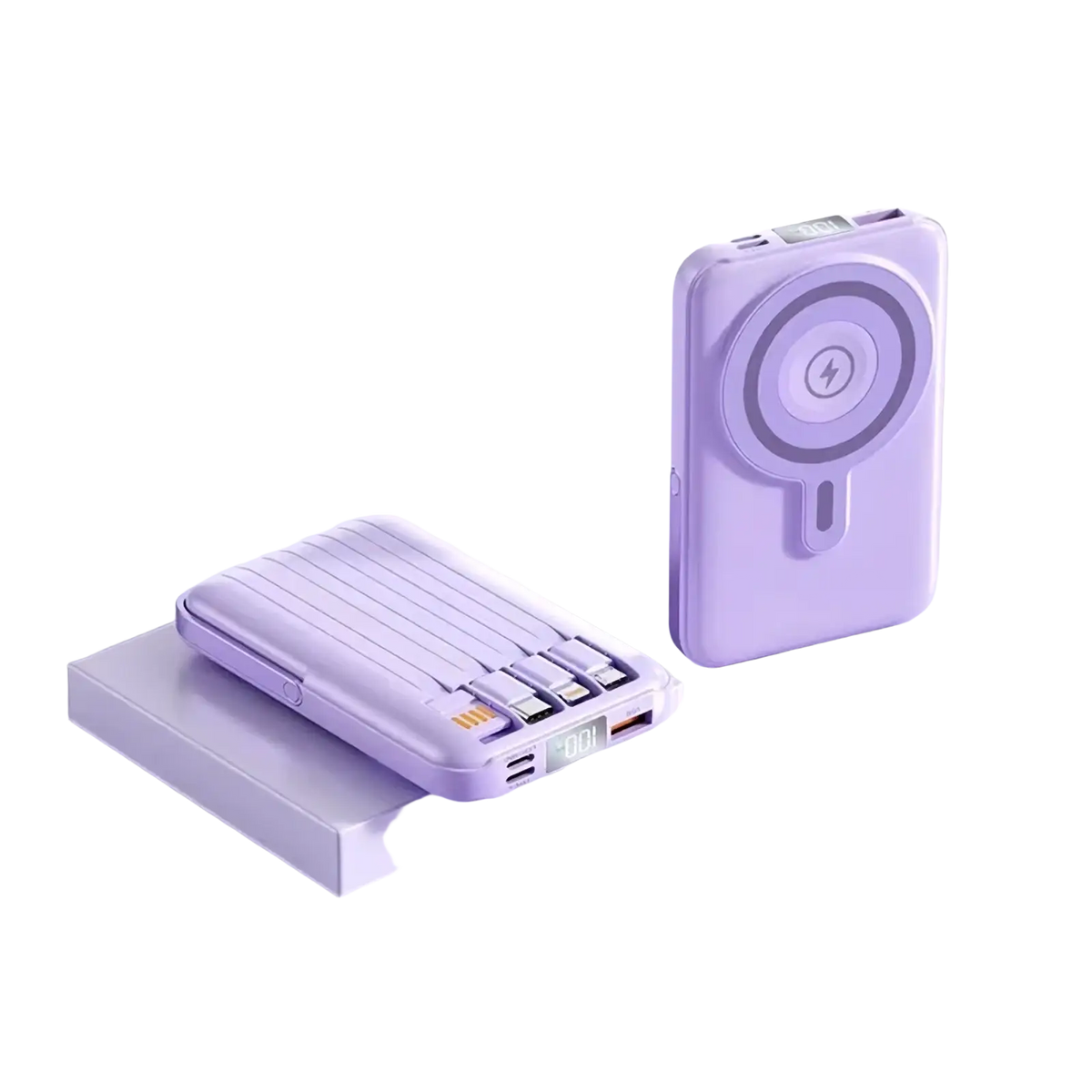 Two lavender wireless magnetic power bank 10000mah fast charge with ribbed usb ports and circular wireless charging pad
